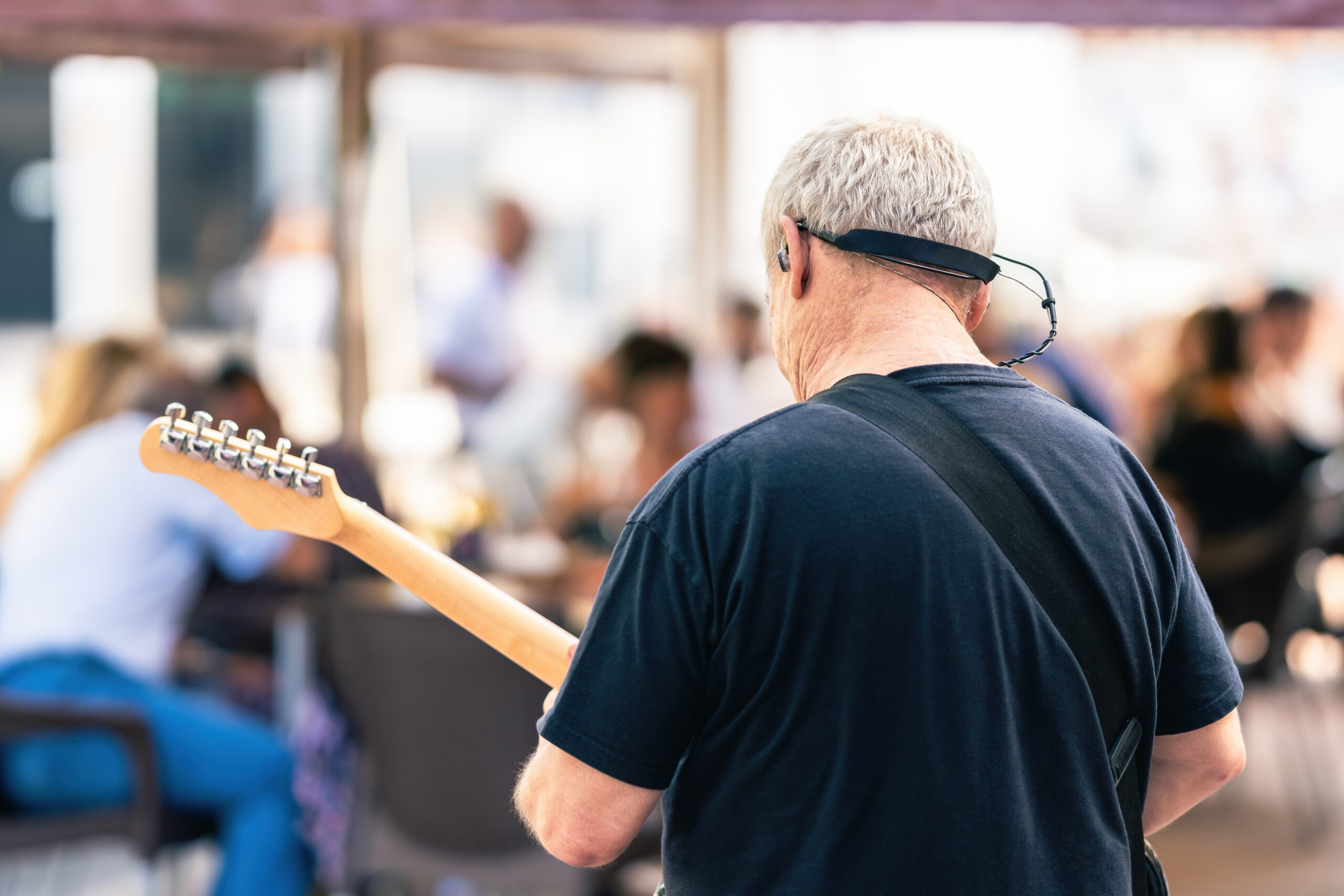 Back Elder Man Playing Electric Guitar Live Concert Terrace Scaled